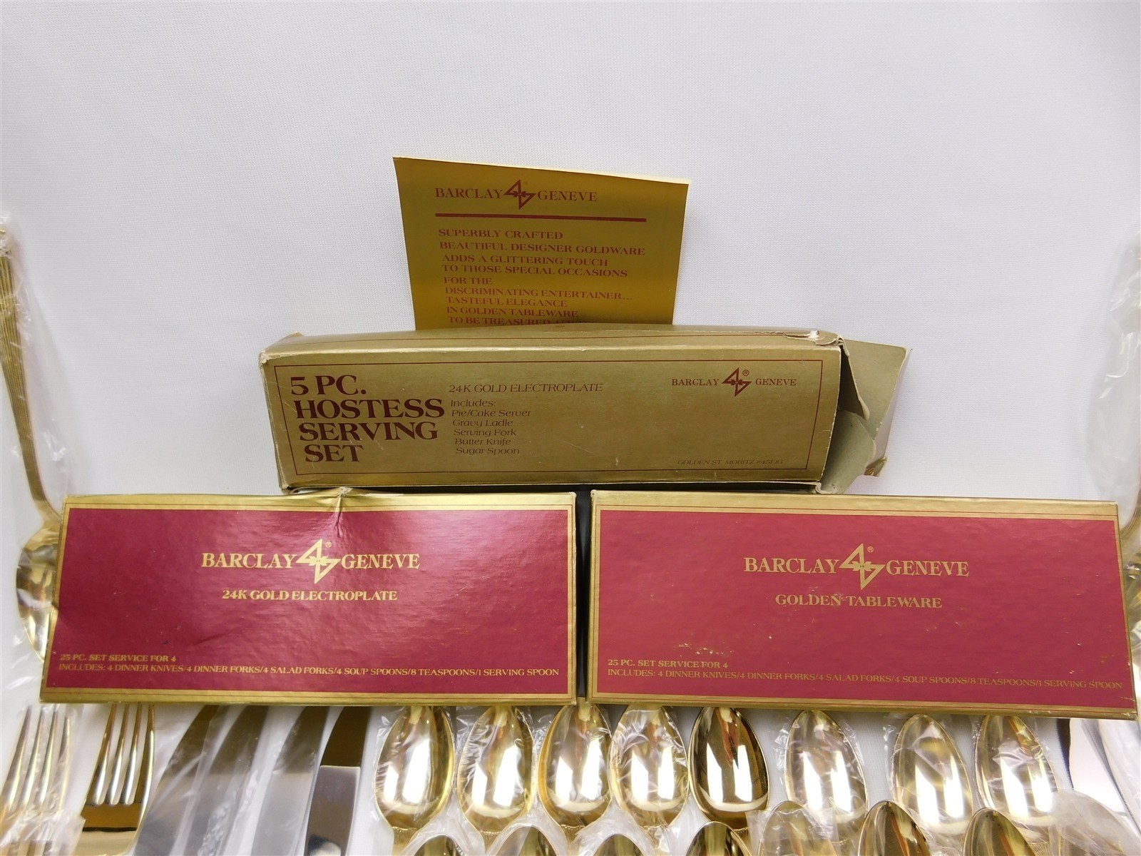 55 Pc Barclay & Geneve GOLDEN ST MORITZ 24K Gold Plate Flatware Hostess Set NEW