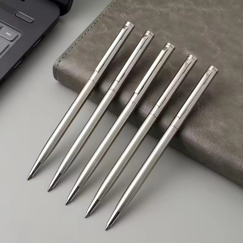 5pcs Elegant Silver Stainless Steel Ballpoint Pens Medium Nib Twist-Top Smooth