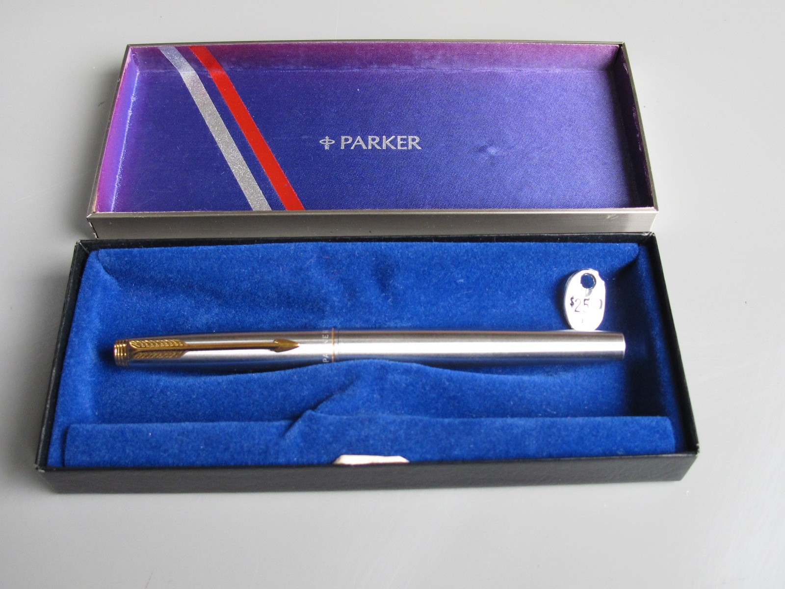 Vintage Parker 75 fountain pen, with original case and price tag, 14k gold nib