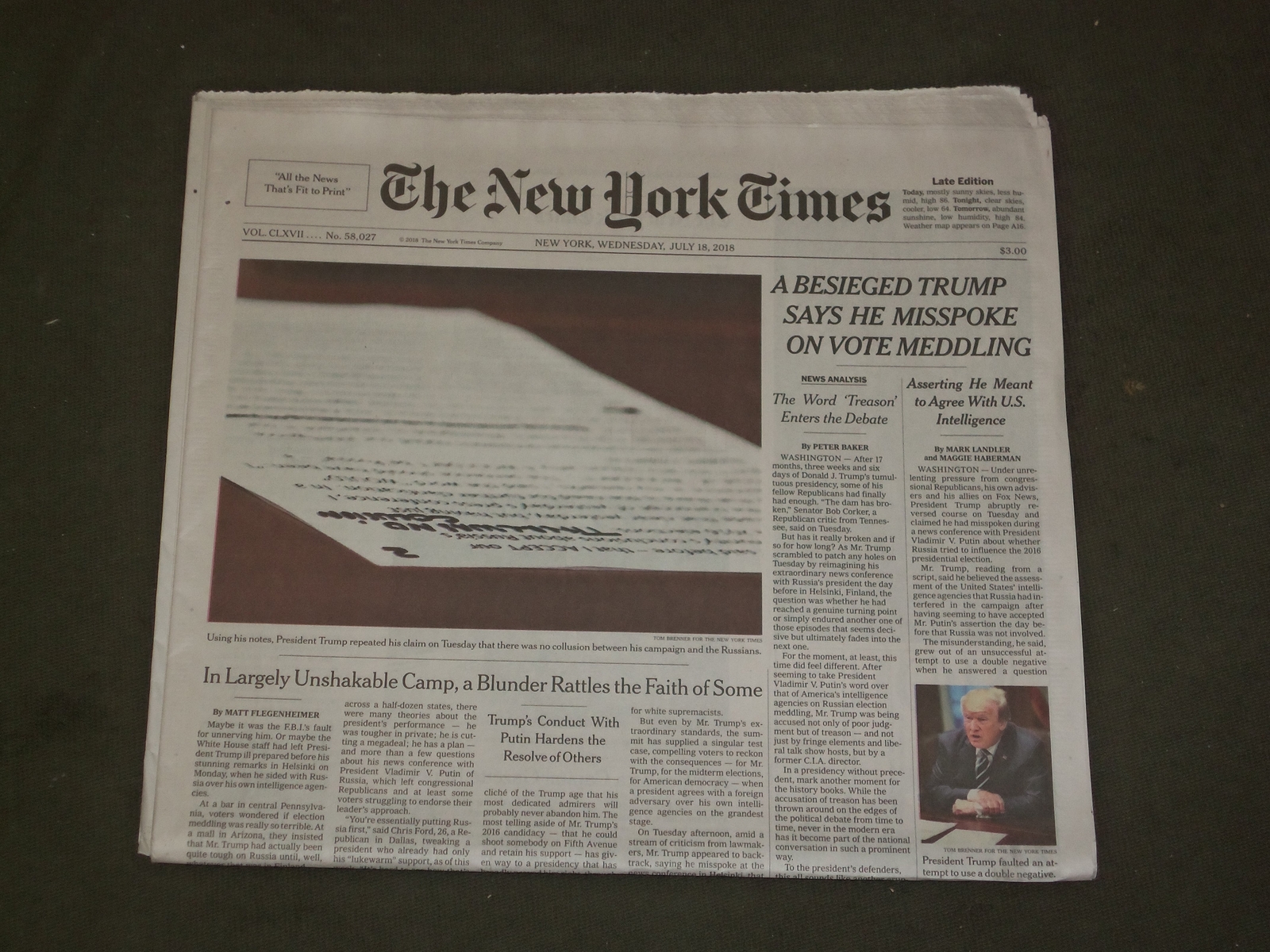 2018 JULY 18 NEW YORK TIMES - A BESIEGED TRUMP SAYS HE MISPOKE ON VOTE MEDDLING