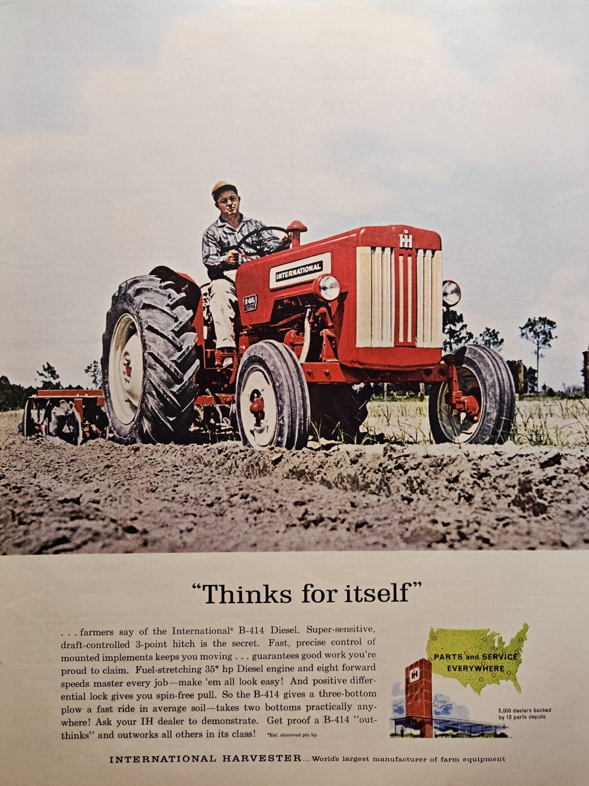 1962 International Harvester B-414 Diesel Tractor Print Ad - Farmer Discs Field