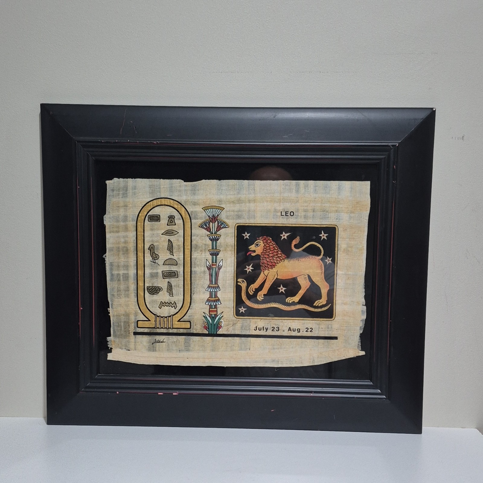 Framed Egyptian Papyrus-Style LEO Zodiac Lion Art w/ Hieroglyphs Jul 23-Aug 22