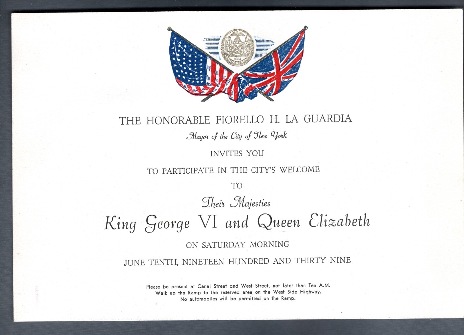 1939 NYC Royal Visit Invitation King George VI & Queen Elizabeth......PK072726AU