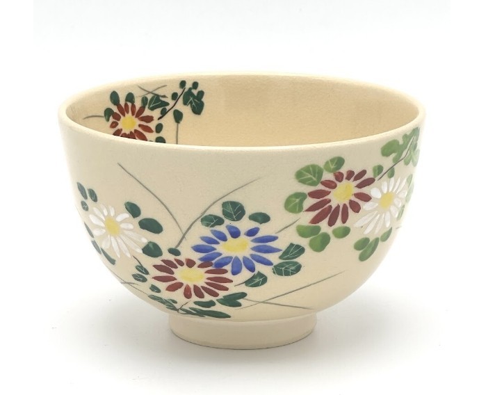 Kyo Kiyomizu yaki ware Japanese Matcha Tea bowl Chawan Chrysanthemum Hand-drawn