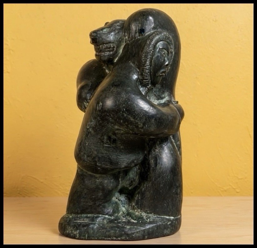 Vintage 1970s Wolf Original Canadian Inuit Style Bear/Hunter Sculpture EW 10.5”