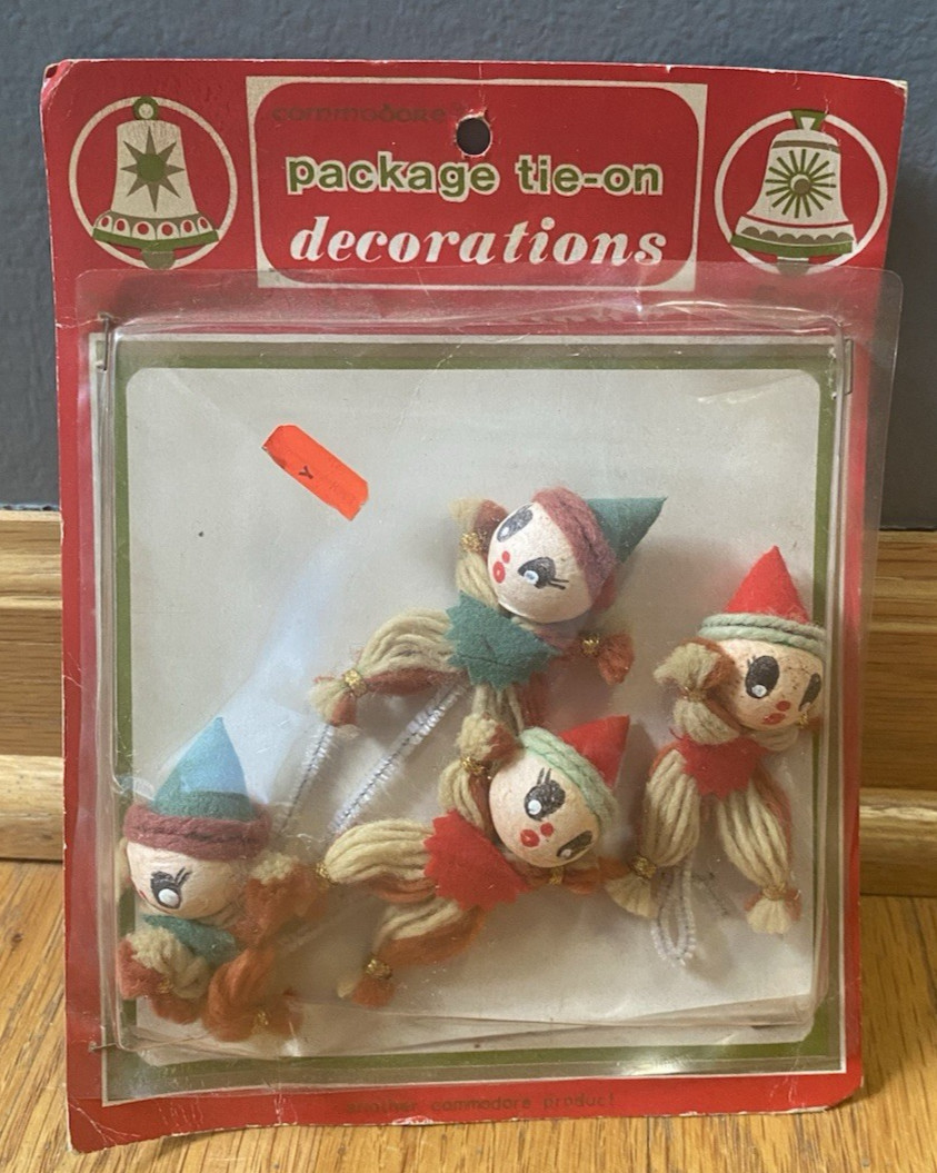 Vintage Commodore Christmas Flocked Pixie Elves Gift Package Tie On Decorations