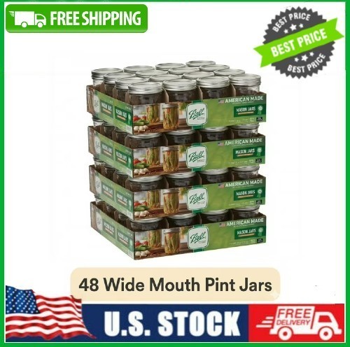 4 PACK Ball 16 oz Mason Jars, Wide Mouth Pint Canning Jars Lids & Rings 12-Pack 