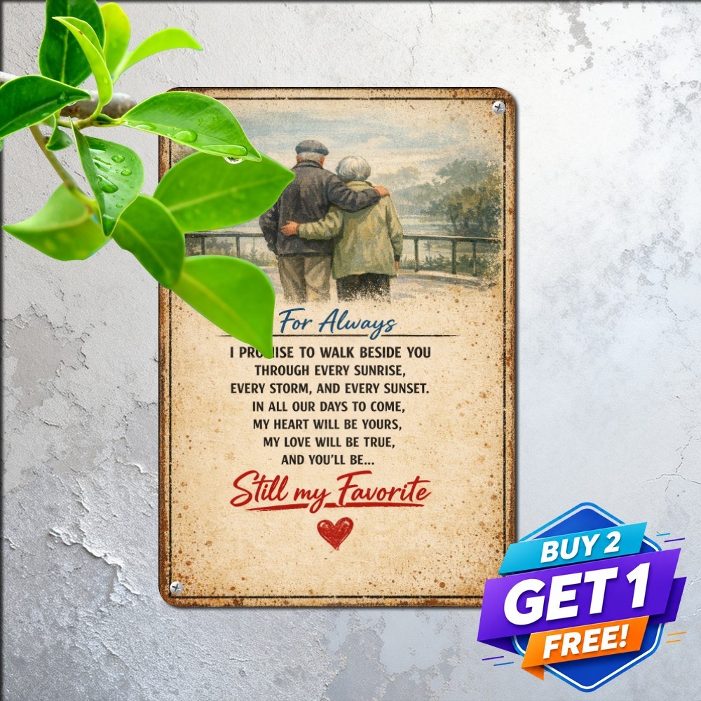 Loving Elderly Couple Walking Together Metal Tin Sign Sweet Anniversary Art
