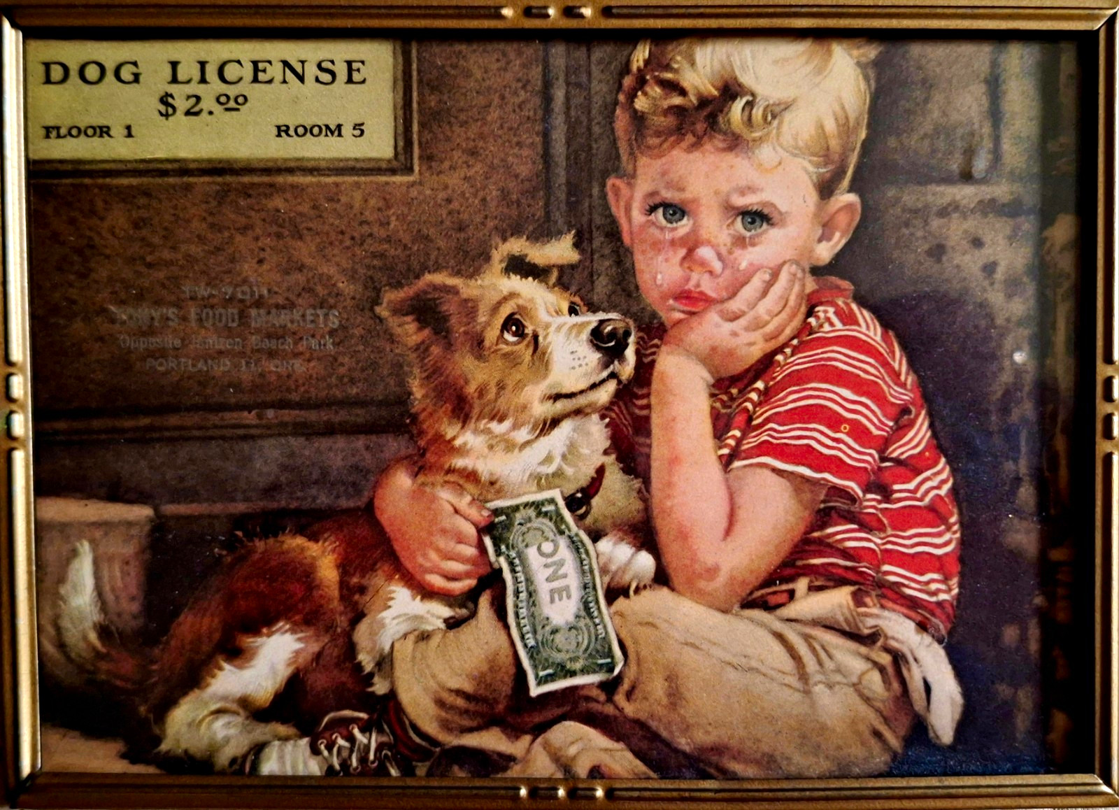 Vintage Portland Oregon Advertising Tony's Food Markets Boy & Dog $2 License