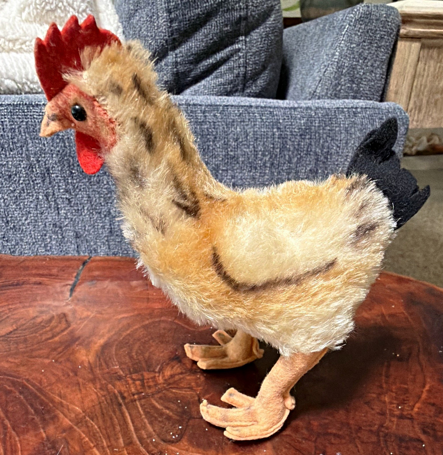 Vintage Steiff Fuzzy Plush Chicken Figurine Mixed Materials Red Comb Black Tail