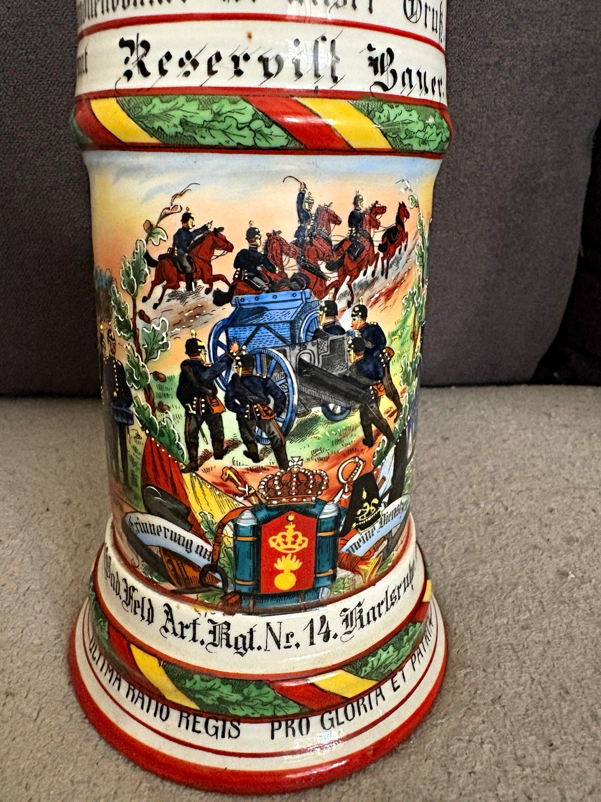 German Lidded Beer Stein regt 14Karlsruhe 1905-07 Pewter Lid Horseback