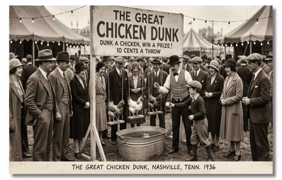 Vintage‑STYLE NEW ART 1930's RPPC-DUNK A CHICKEN WIN A PRIZE-NASHVILLE TENN-FAUX