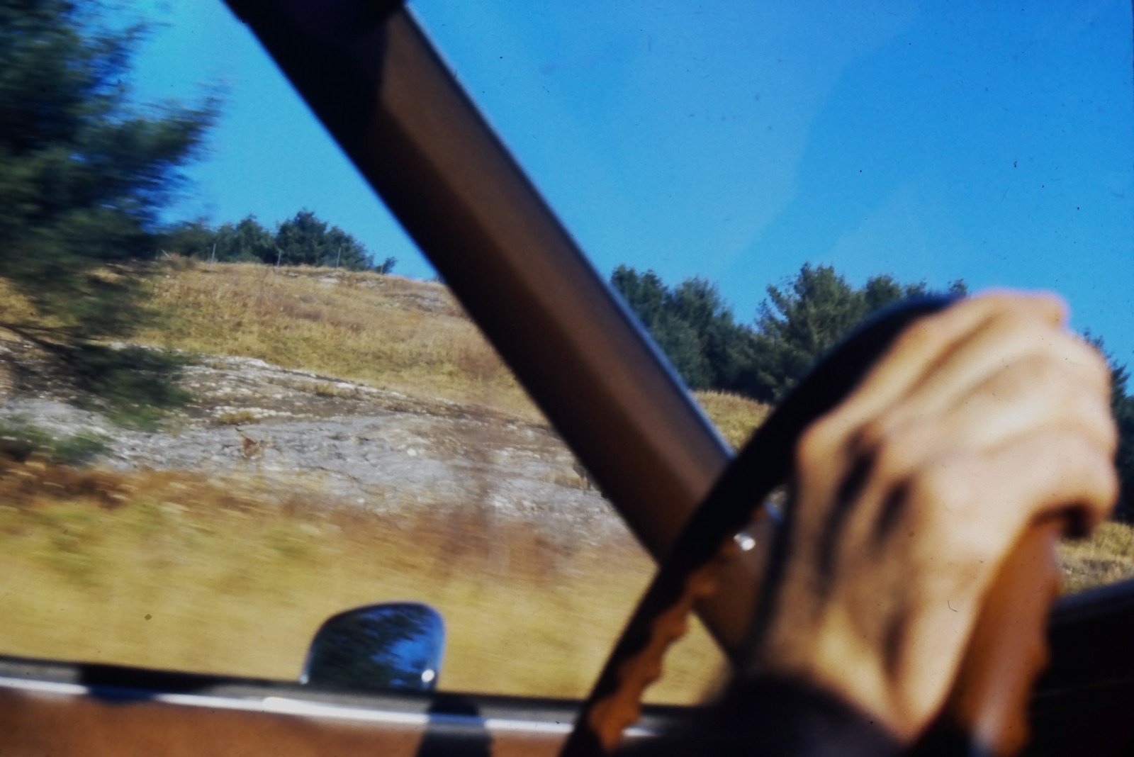 c1970\'s Ektachrome 35mm Slide, Driving View, Rural Landscape, Car Interior