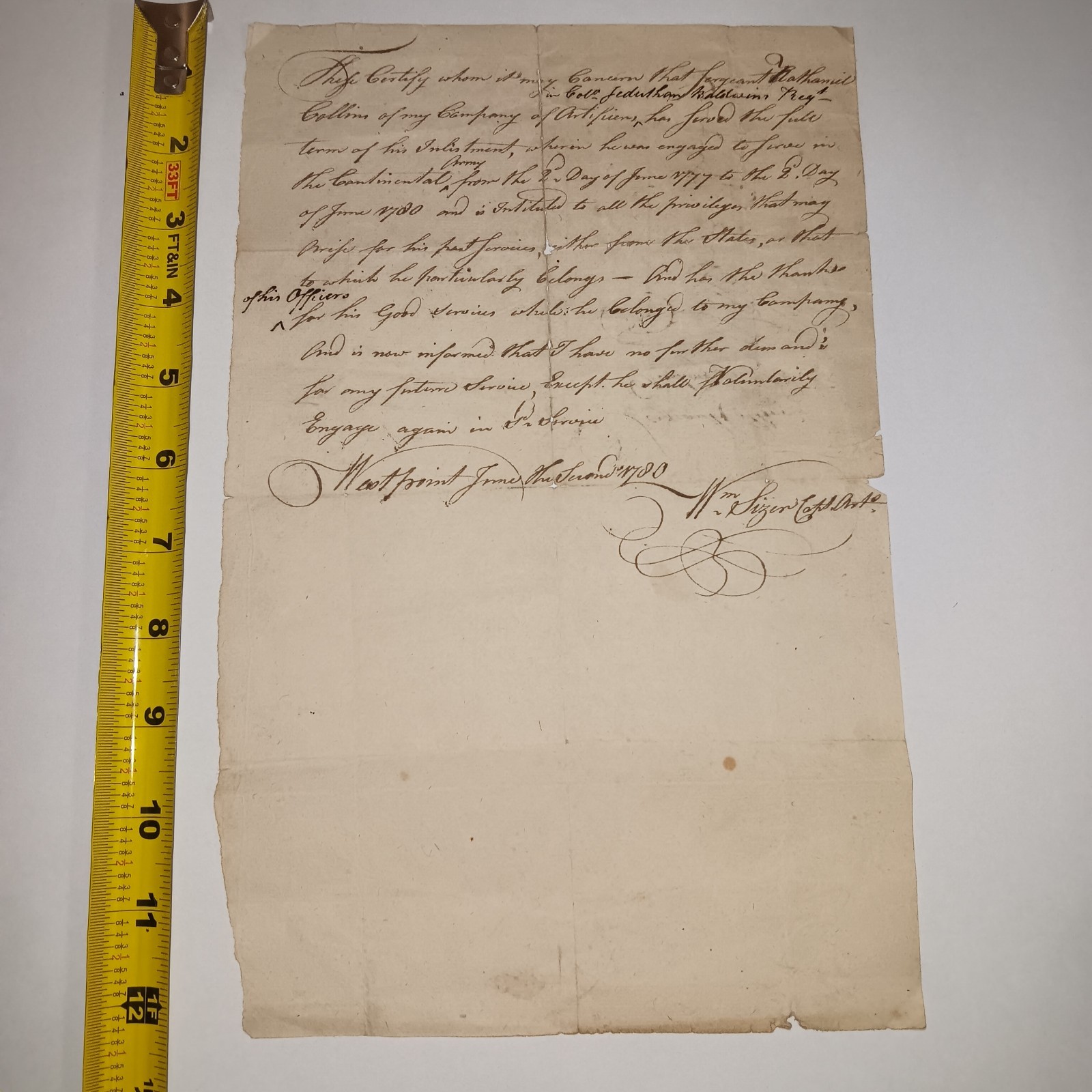 Revolutionary War Continental Army Discharge Document West Point NY June 2, 1780