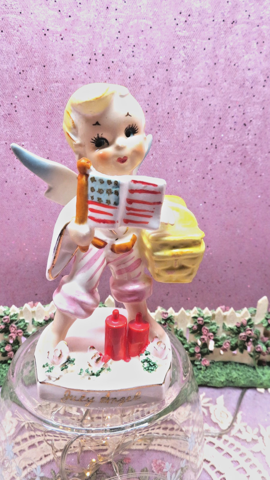 Vtg Lefton JULY BOY ANGEL WITH FIRECRACKERS FLAG PICNIC BASKET ROSE BASE #556