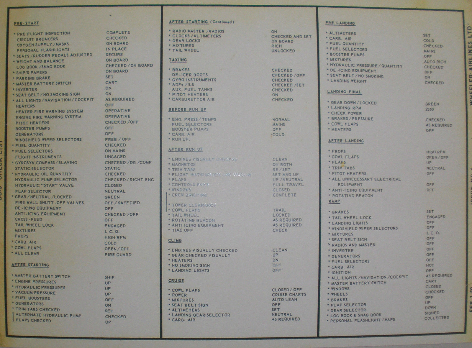 Wheeler Air DC-3 Checklist On Card Stock, Douglas Commercial Aircraft CKL-0109