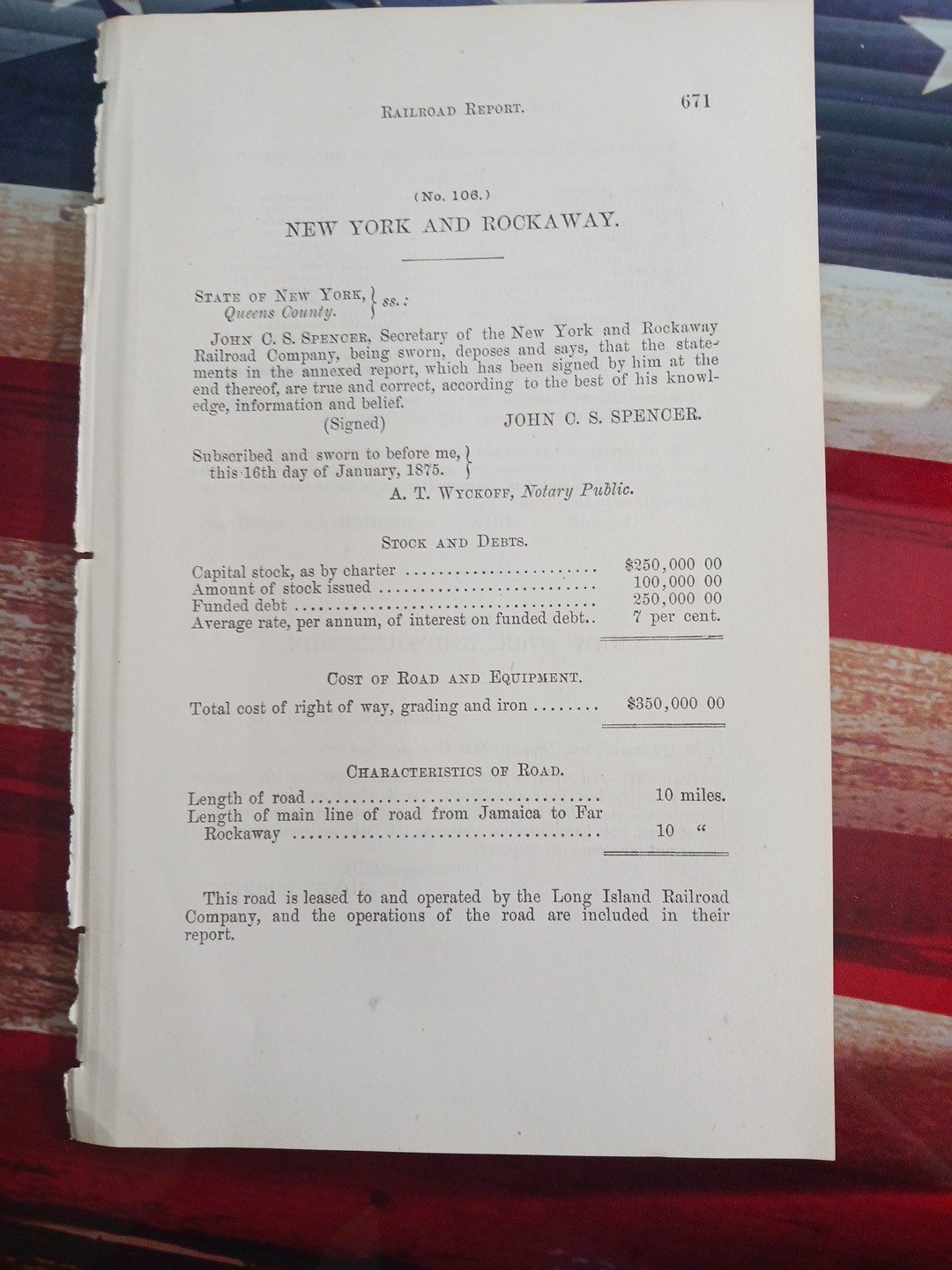 1874 Train Report NEW YORK & ROCKAWAY RAILROAD  10 Miles Jamaica To Far Rockaway