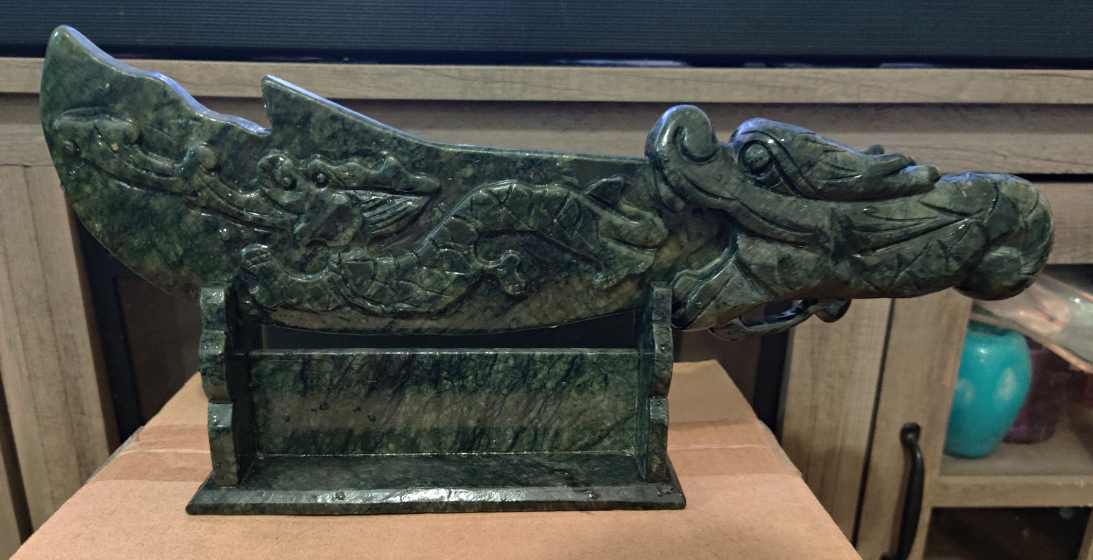 Nephrite Jade Dragon Carved Chinese Sword And Stand