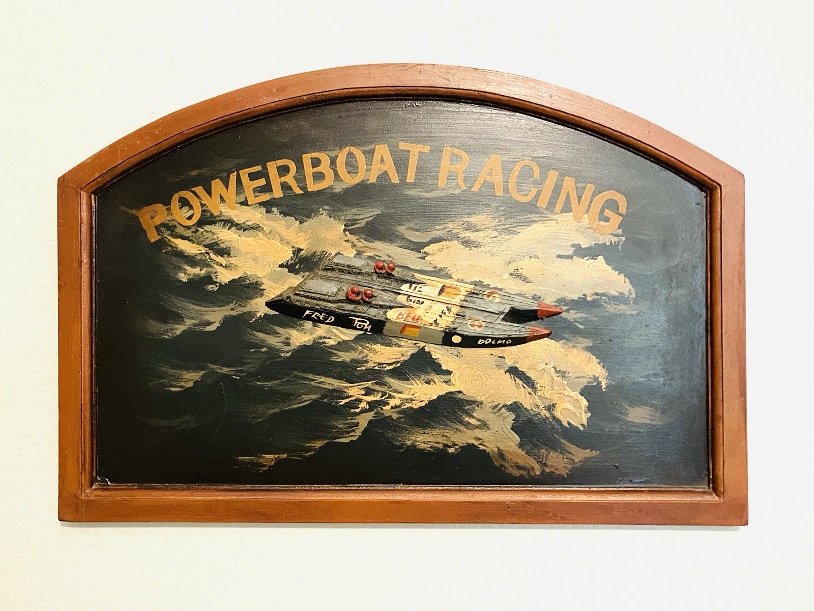 Vintage Hand Painted Wood Offshore Catamaran Powerboat Racing Shop Sign