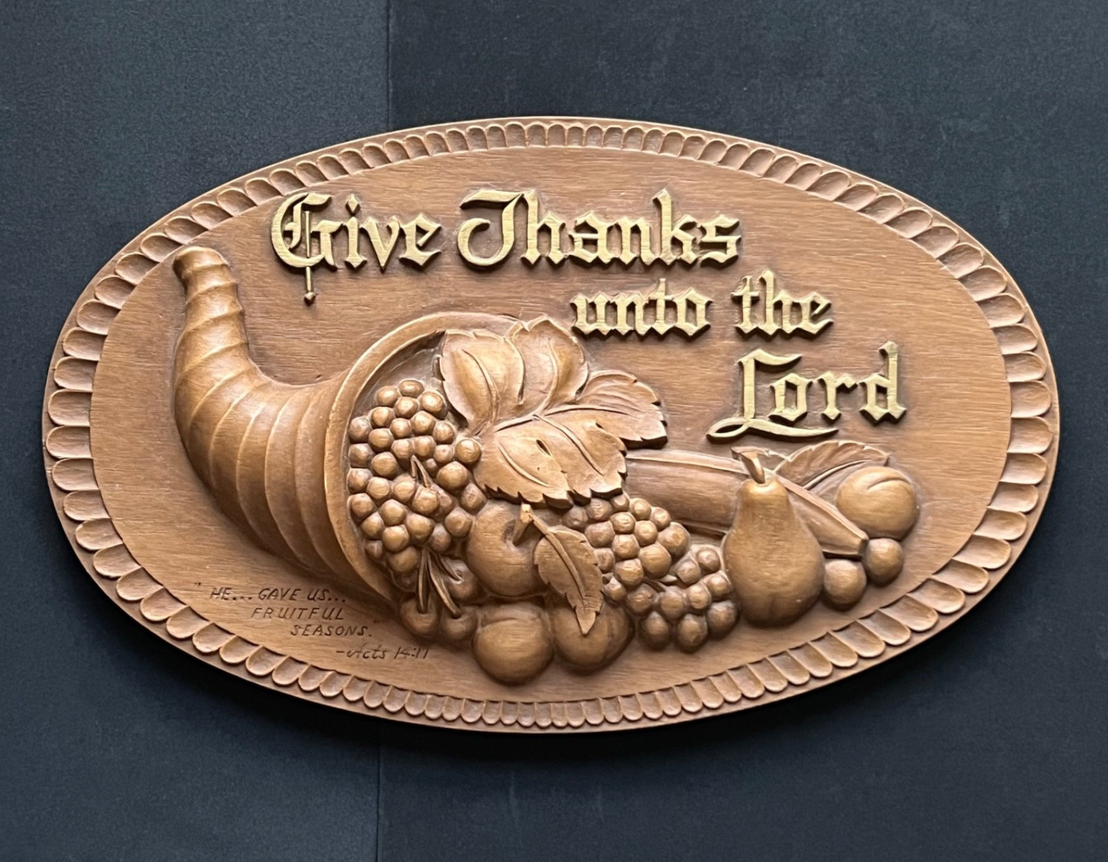 Vtg Warner Press Wood Plaque Give Thanks Unto The Lord Cornucopia Thanksgiving