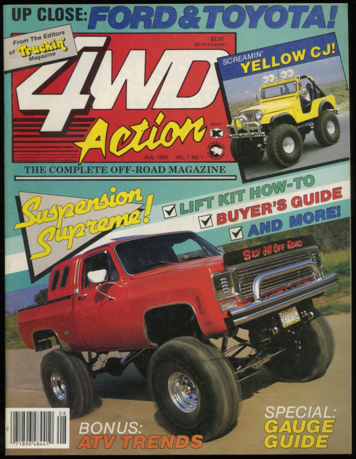 AUGUST 1985 4WD ACTION OFF-ROAD MAGAZINE #1, JEEP CJ, \'84 GMC 4x4, FORD & TOYOTA