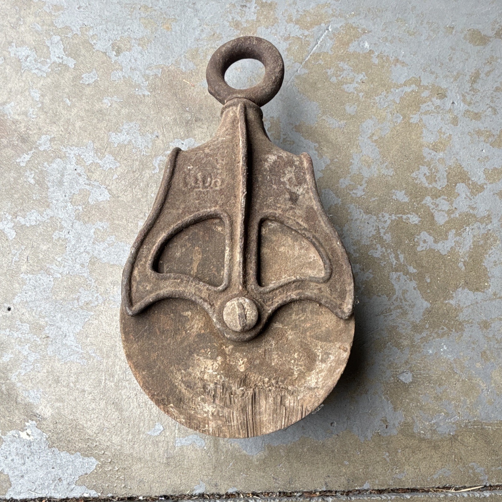 Vintage Barn Pulley with Wooden Wheel and Cast Iron