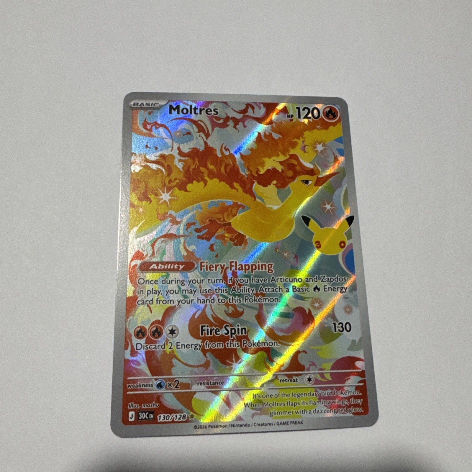 Pokémon 30th Anniversary Moltres IR illustration Rare 130/128 NM