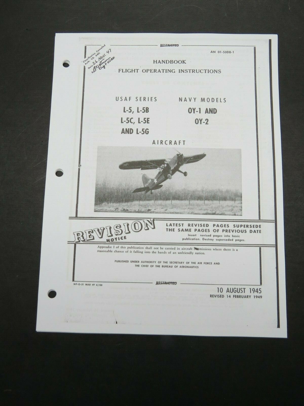 1945-49 AAF Stinson L-5 B/C/E/G USN OY-1 OY-2 Aircraft Flight Operating Manual