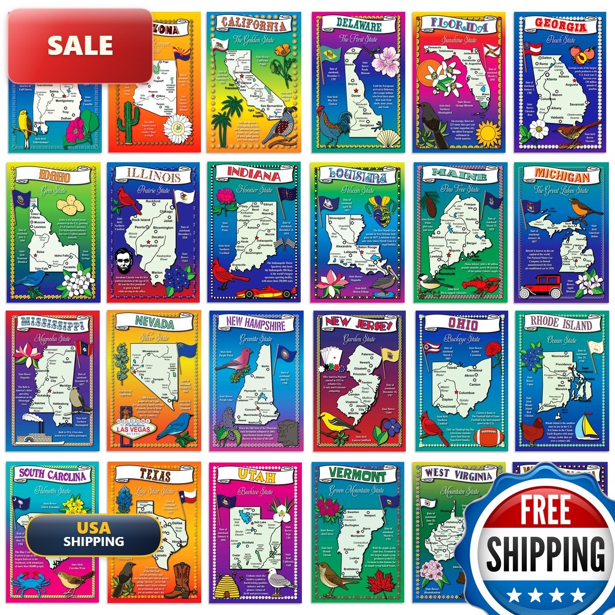 Postcard Fair U.S. State Map Postcard Set - 50 Cards, Made in USA