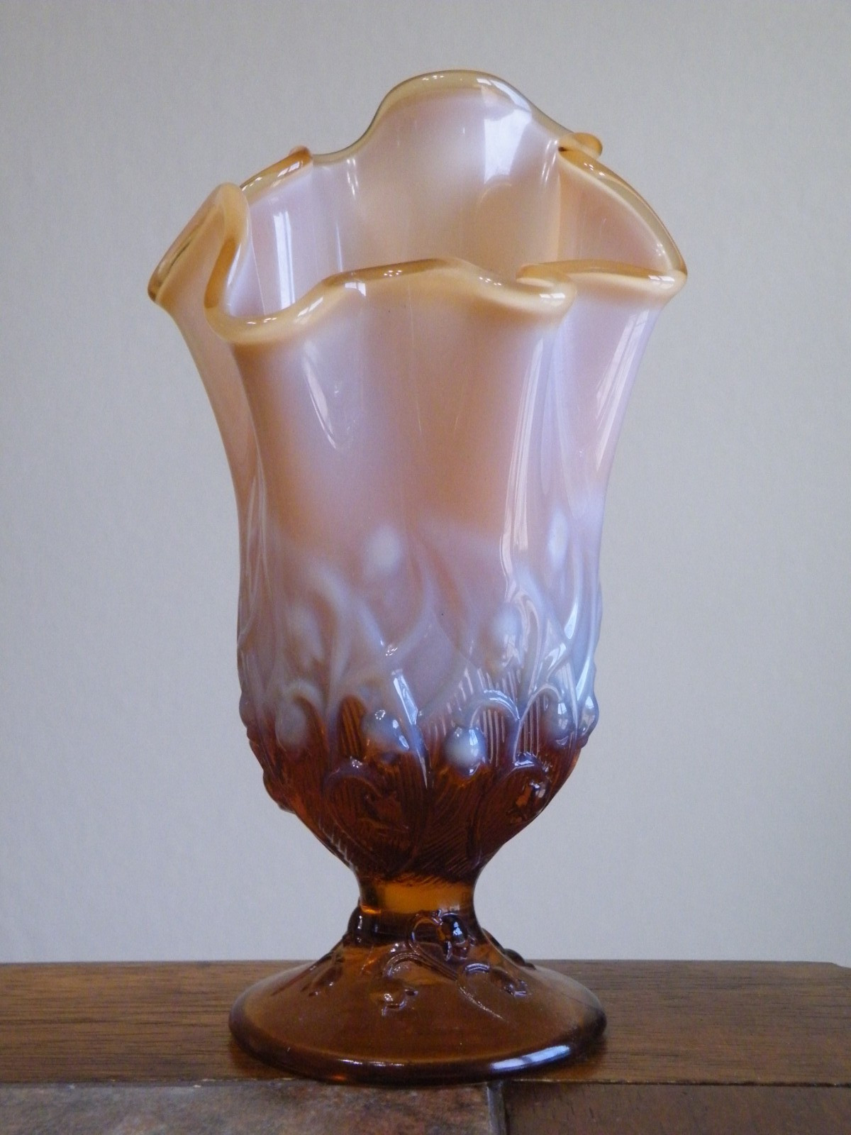 Vintage Fenton Lily of the Valley Cameo Handkerchief Vase Amber Opalescent 7\