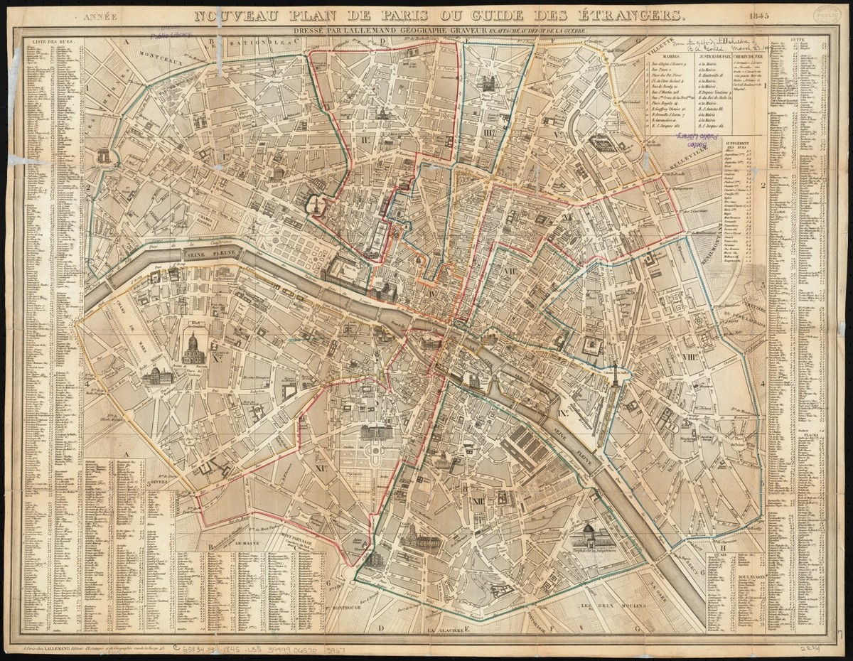 1845 Map of Paris France Vintage Poster Print