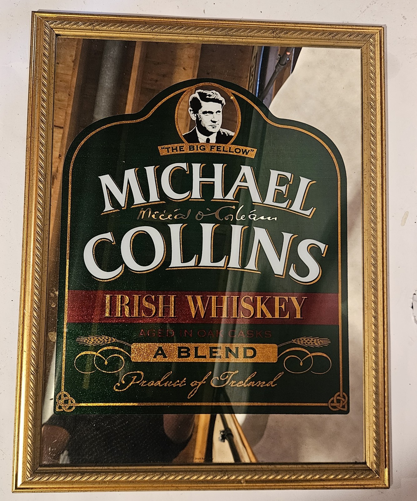 VINTAGE MICHAEL COLLINS IRISH WHISKEY MIRROR BAR SIGN 26×21\