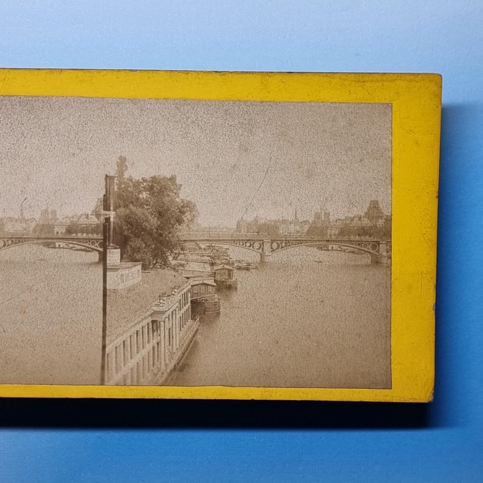 Paris Stereoview C1865 Real Photo France View Of The Seine House Boats