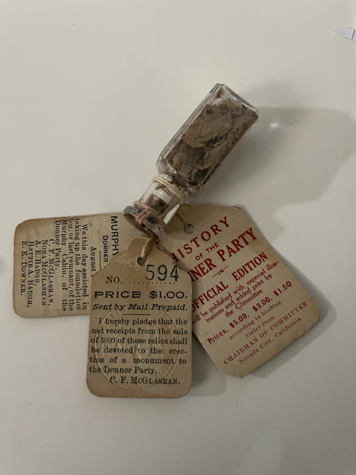 1893 DONNER PARTY PIONEER MONUMENT SOUVENIER BOTTLE #594 RARE 133 YEARS OLD