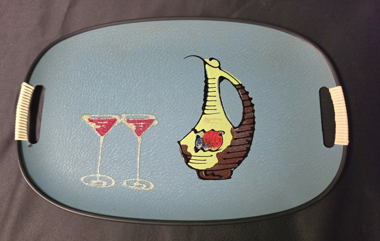 Vintage Tilso Japan Serving Tray Teal MCM Wine Cocktail Motif Circa 1960\'s