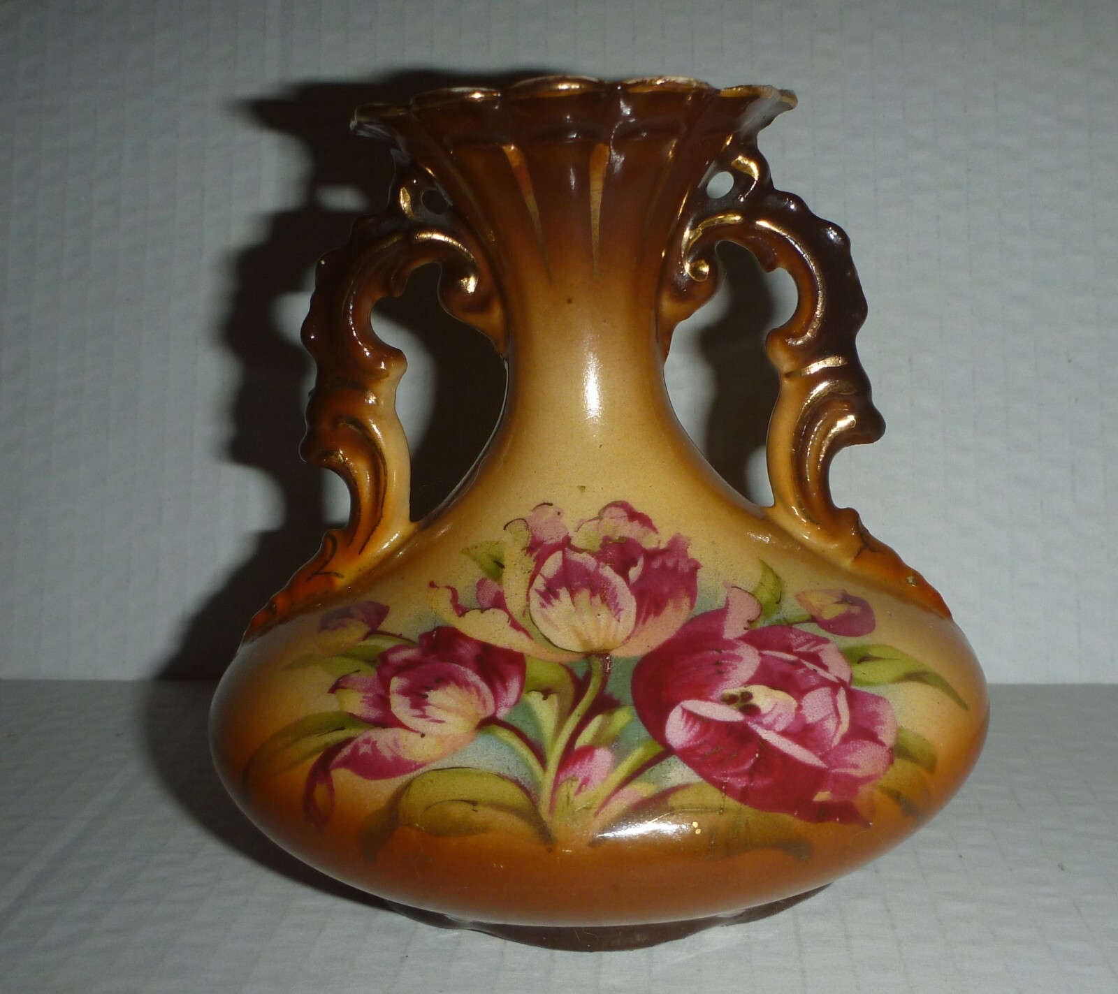 Vintage Victorian Rose Flowers Double Handled Vase Antique Austria