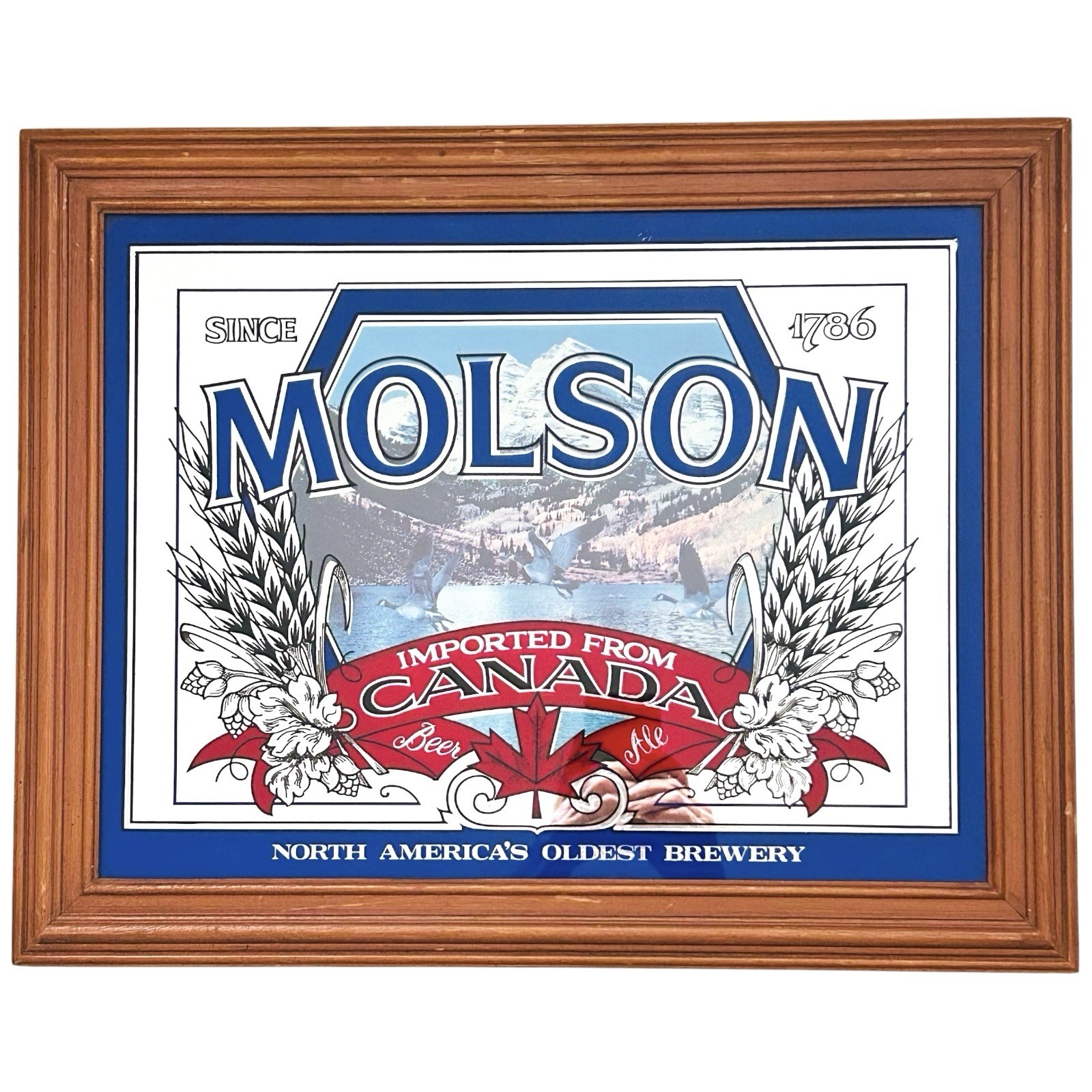 VTG Molson Canadian Beer MIRROR SIGN Wood Framed 20x16 Brewery Bar Pub Decor EUC