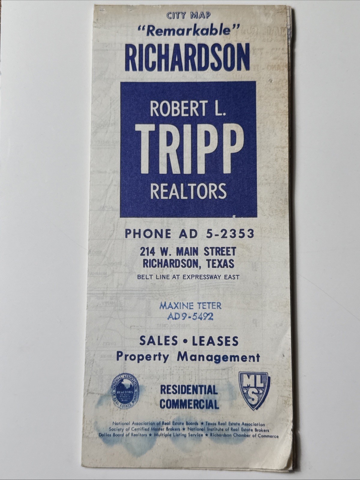 1950s RICHARDSON TX Robert L Tripp Realtors Property Management Map Vtg Dallas