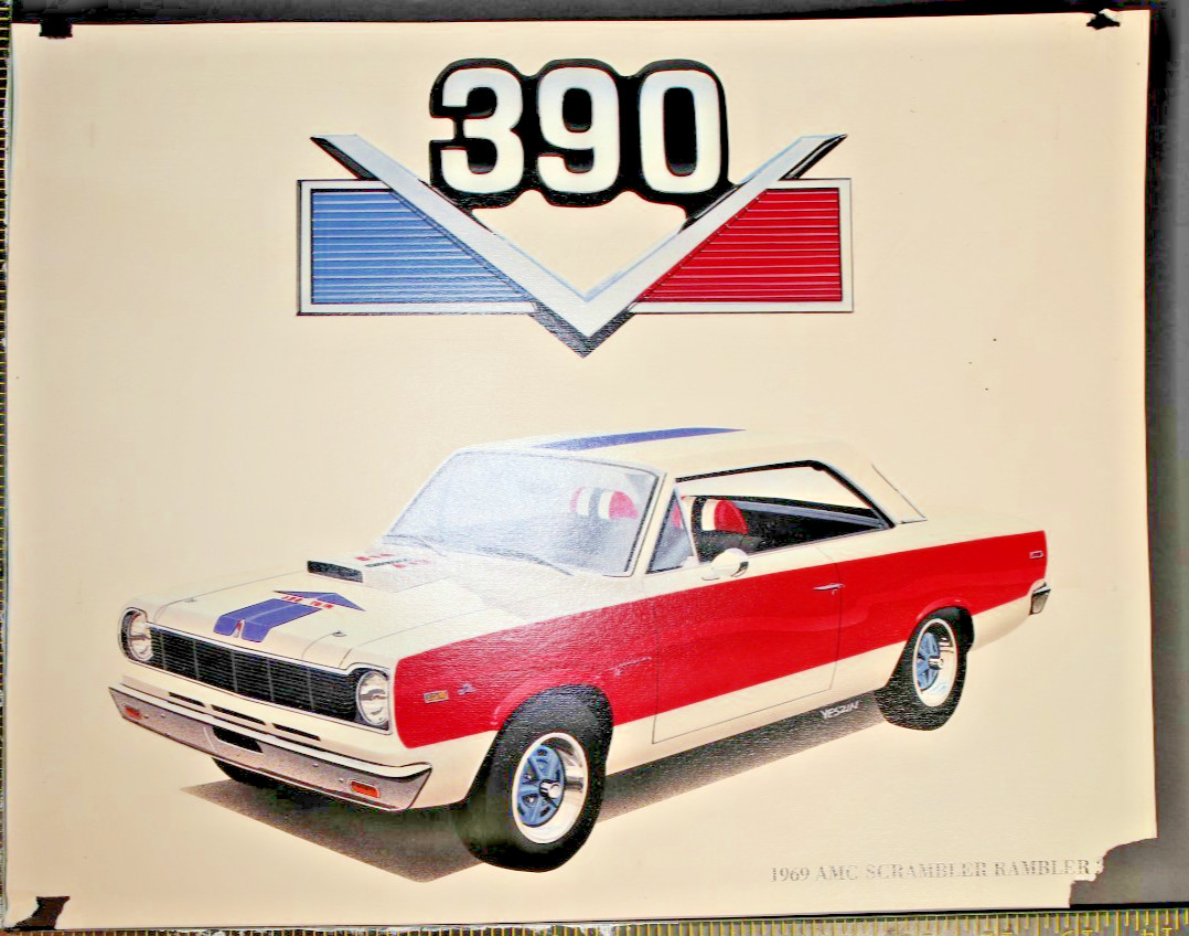 Vintage 1969 AMC Hurst SC/Rambler 390 Muscle Car Art Poster Illustration 14x10.5