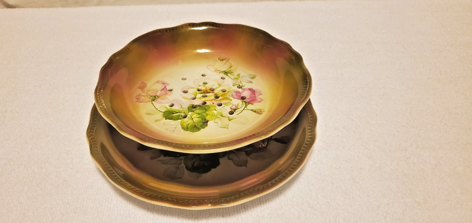 Antique RS Germany Porcelain Berry Strainer Colander & Base Bowl Set