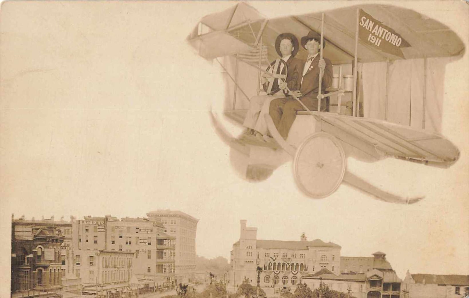 1911 San Antonio Texas Novelty Aviation RPPC Two Men Biplane Early Airplane