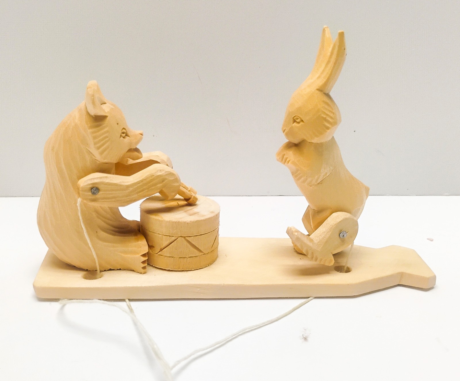 Russian Bogorodskoye Carved Wood Bear & Bunny Mechanical Rezcik Toy See Video