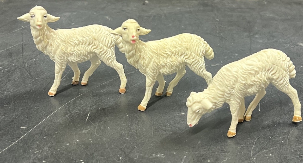 Vintage 3 pc. CHRISTMAS NATIVITY SHEEP ~ Italy Stamped Hard Plastic 2-3”