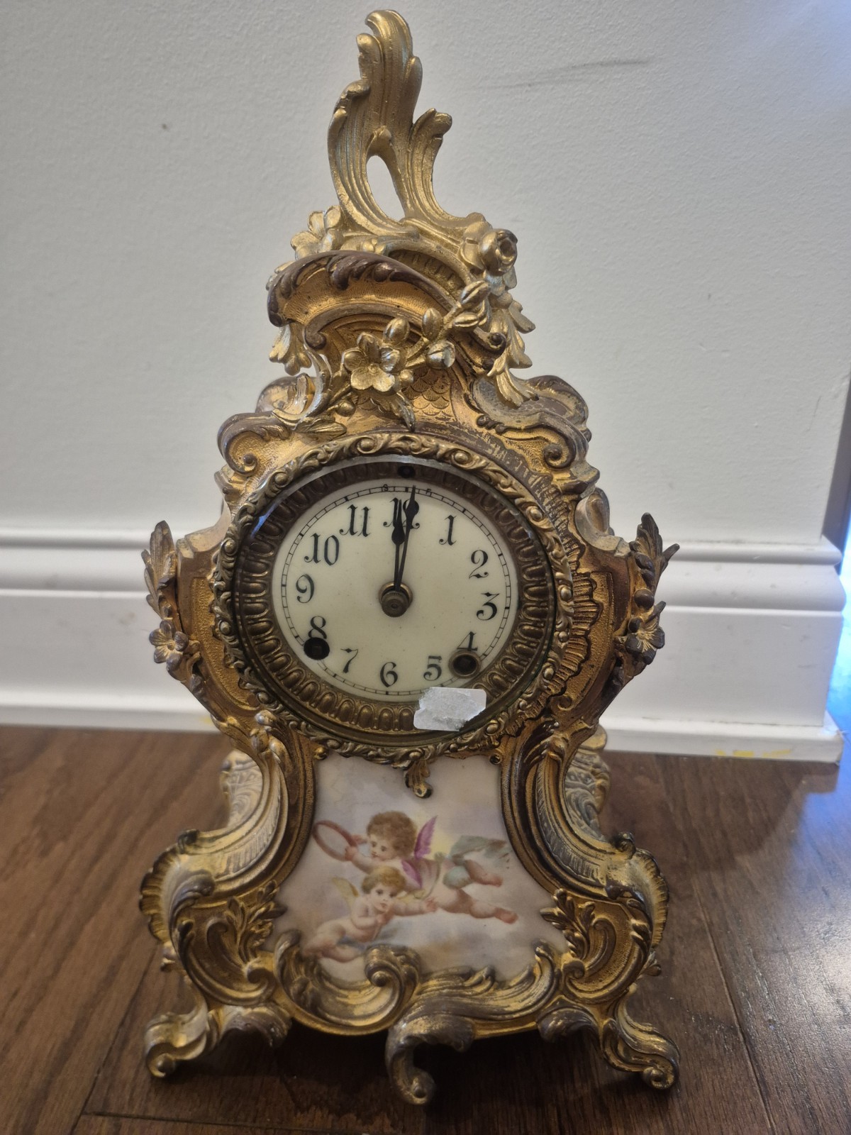 Antique Ansonia Co NY Rococo Style Gilt Metal Porcelain Cherub Mantle Clock