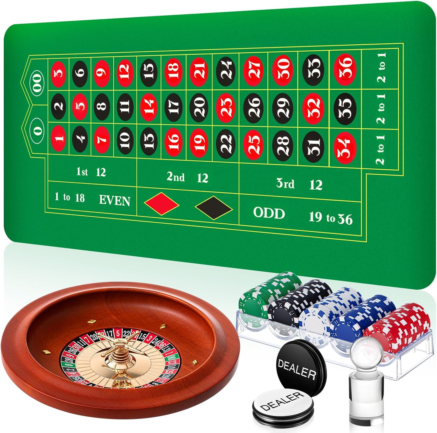 Deluxe Roulette Wheel Game Set with Wood Wheel, Mat, Chips & Dealer Button