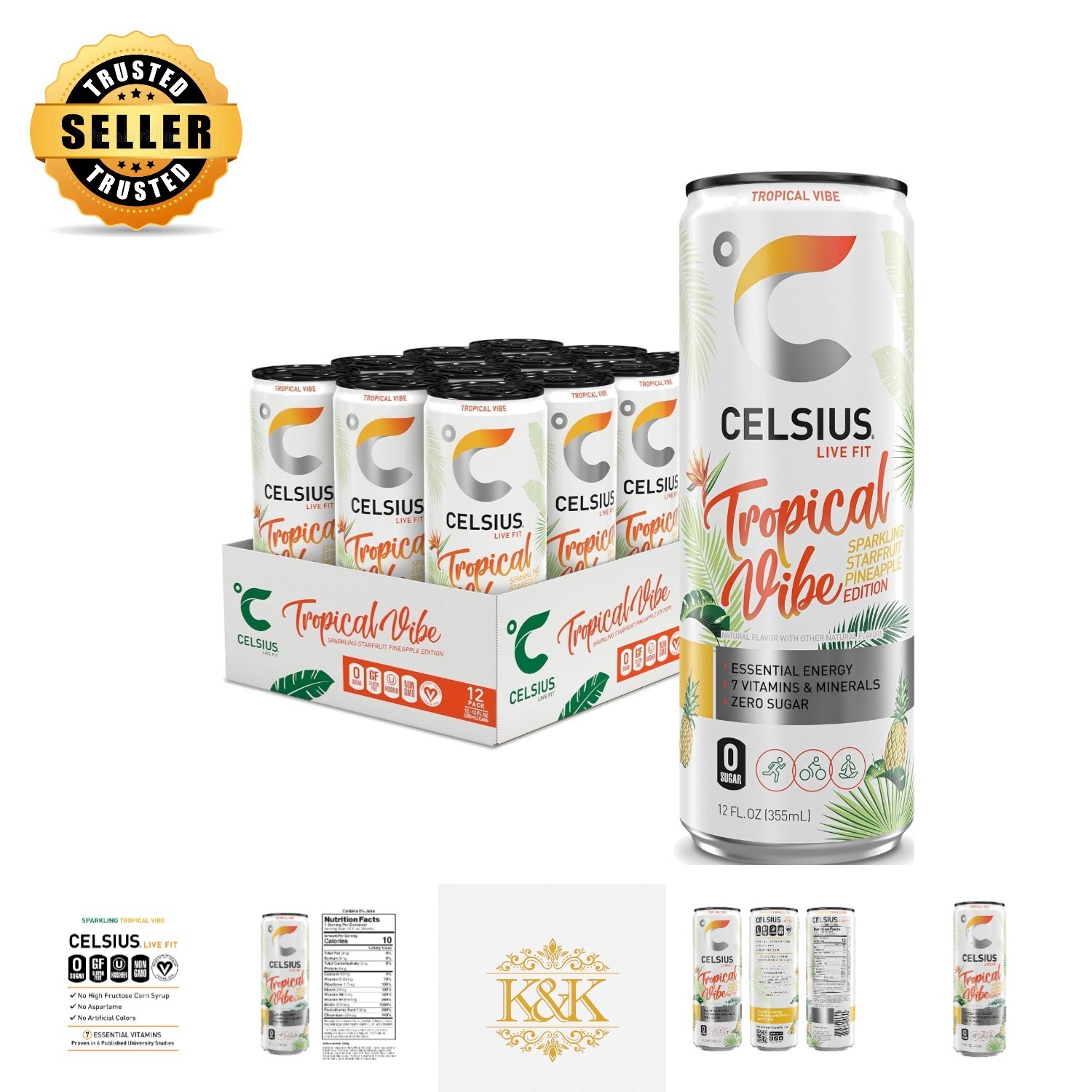 Refreshing Sparkling Tropical Energy Drink - 200mg Caffeine, , Pack of 12