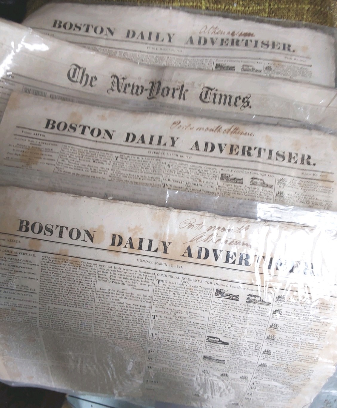 3  Boston Daily Newspaper Yr. 1827. And 1 New York Times. Yrs 1865