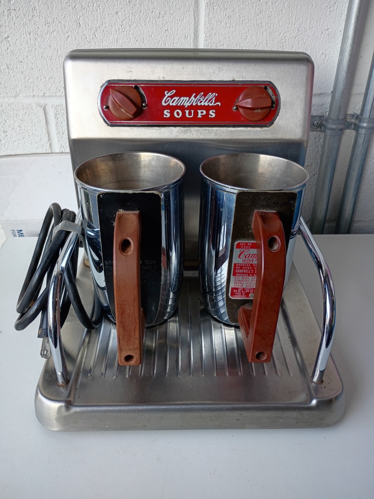 Vintage Campbells Soup Counter Kitchen Warmer & Stainless Cups. Circa 1949