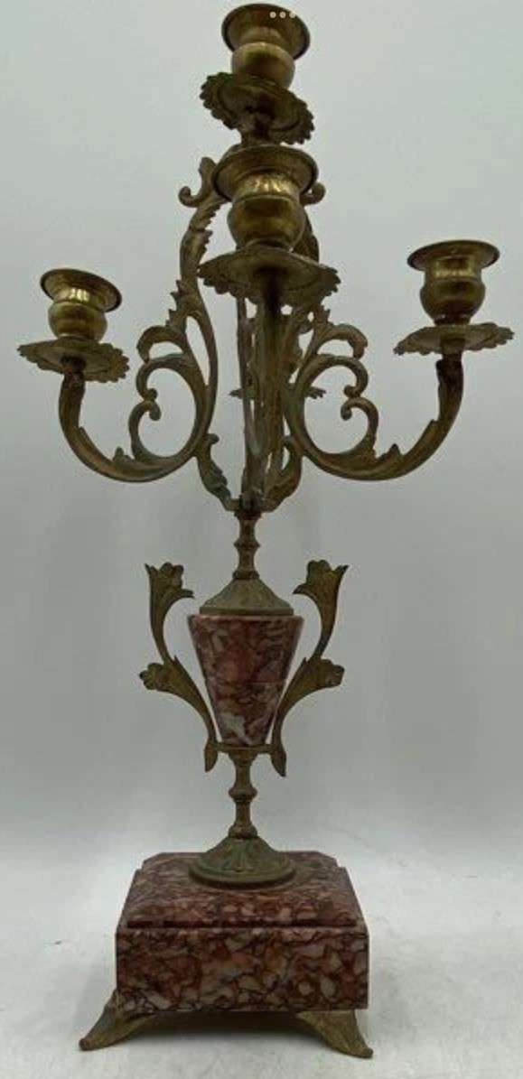 Antique Red Marble Gilded Home Decorative MCM Napoleon 5 Light Candelabra