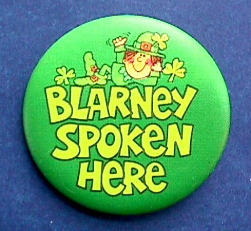 Hallmark BUTTON PIN St Patrick Vintage LEPRECHAUN BLARNEY SPOKEN HERE IRISH